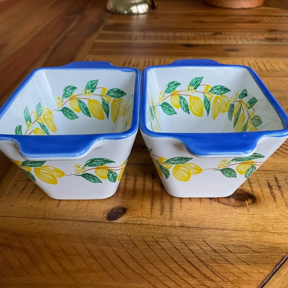 Ceramic Lemon Pattern Rectangular Baking Dishes with Blue Rim - Set of 2